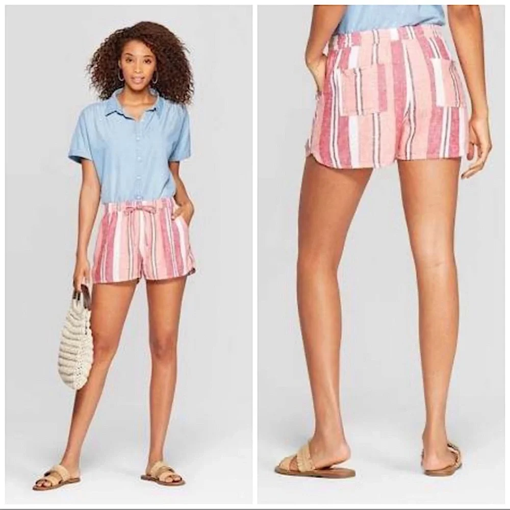 Universal Thread | Pink Cream Striped Linen Blend Shorts High Rise Drawstring M